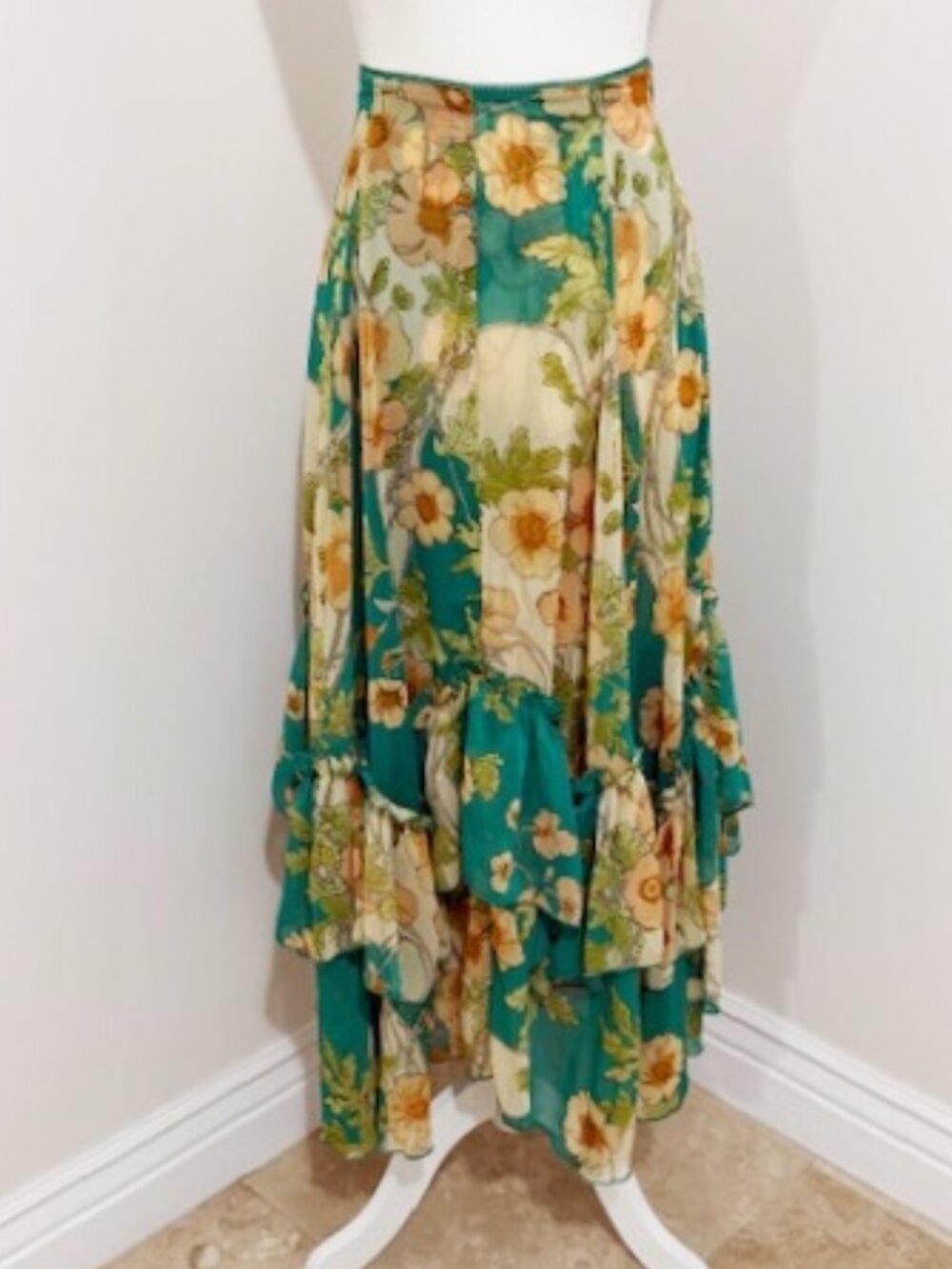 Amber Sky Emerald Green Floral Chiffon Maxi Skirt Size XS NWOT